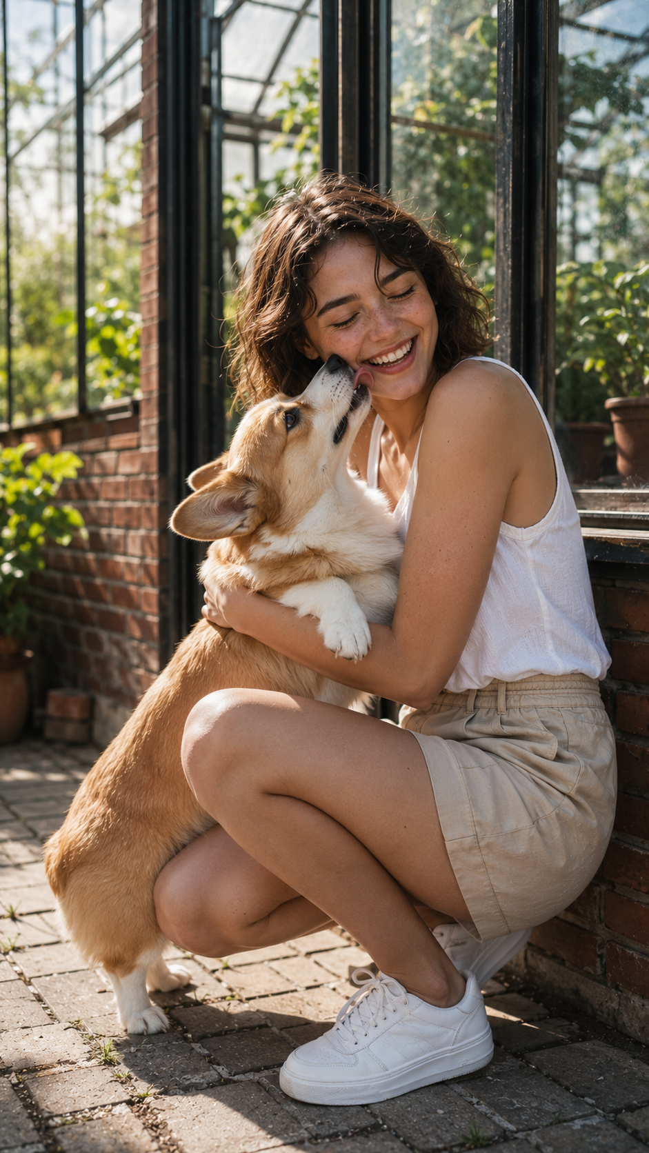 Sunny garden cuddle with corgi