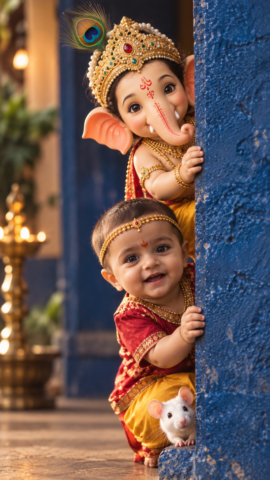 Ganesha, Baby and Mouse Peeking Together