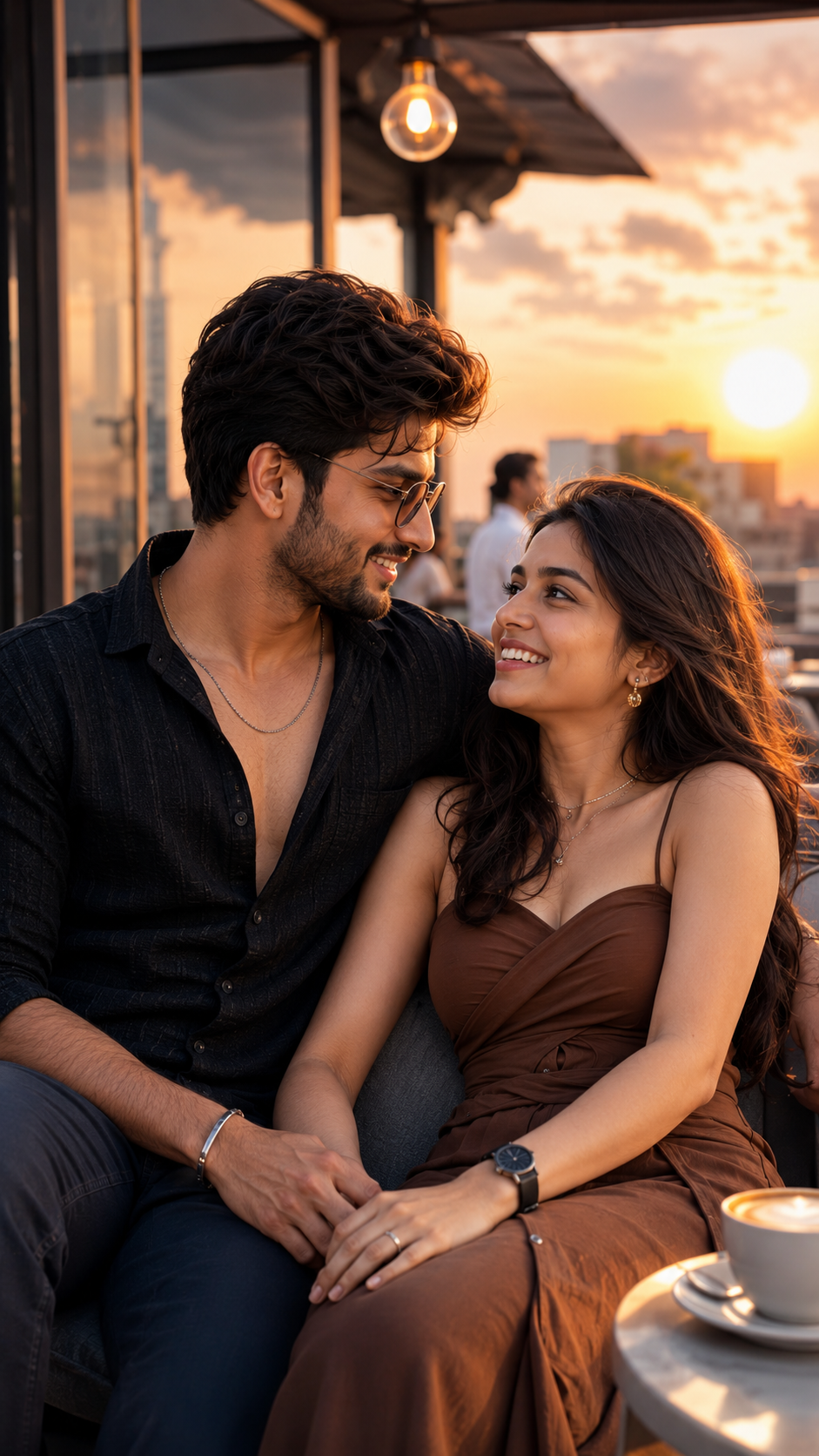 Romantic sunset at a rooftop cafe