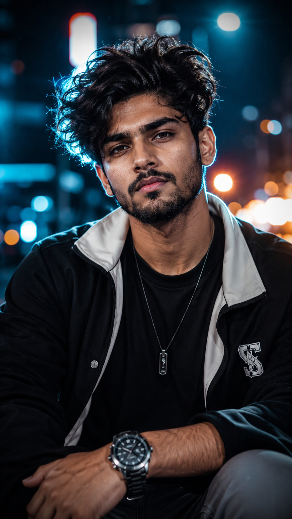 Neon-lit city portrait at night