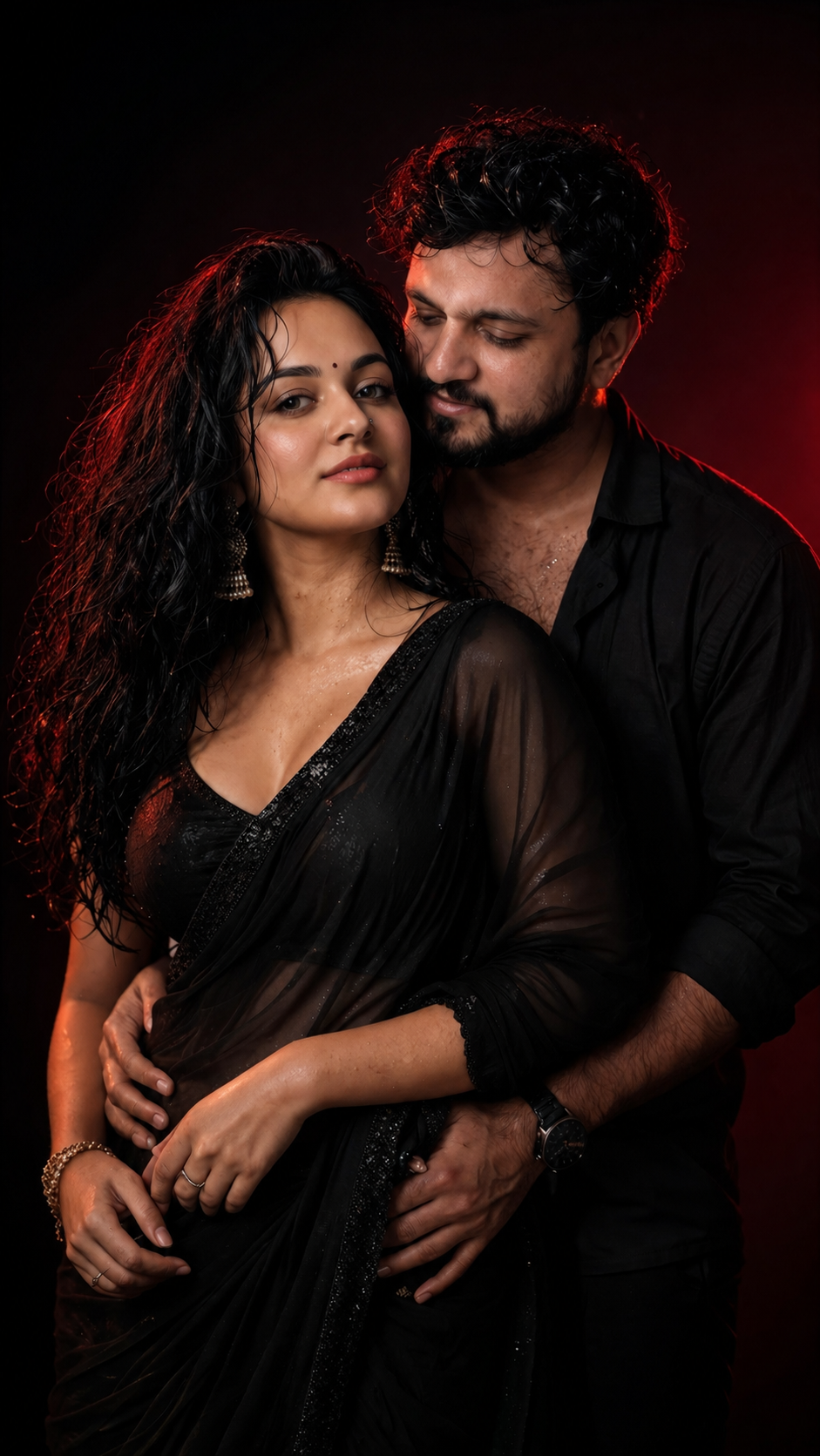 Intimate embrace with dramatic lighting