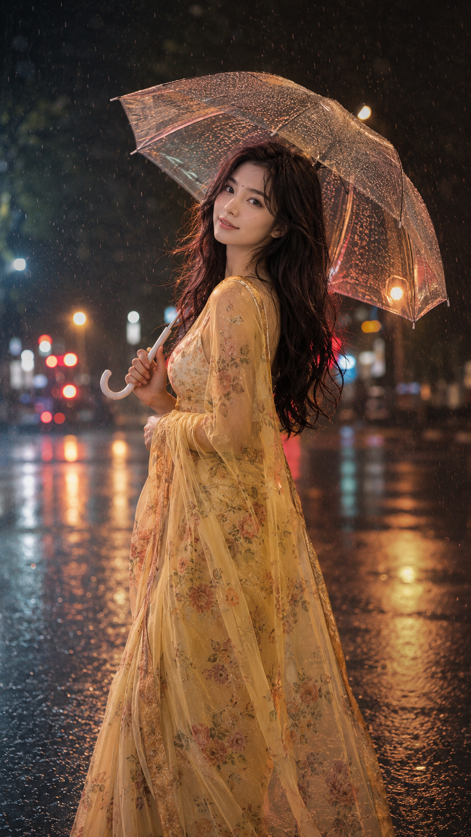 Rainy night in golden saree