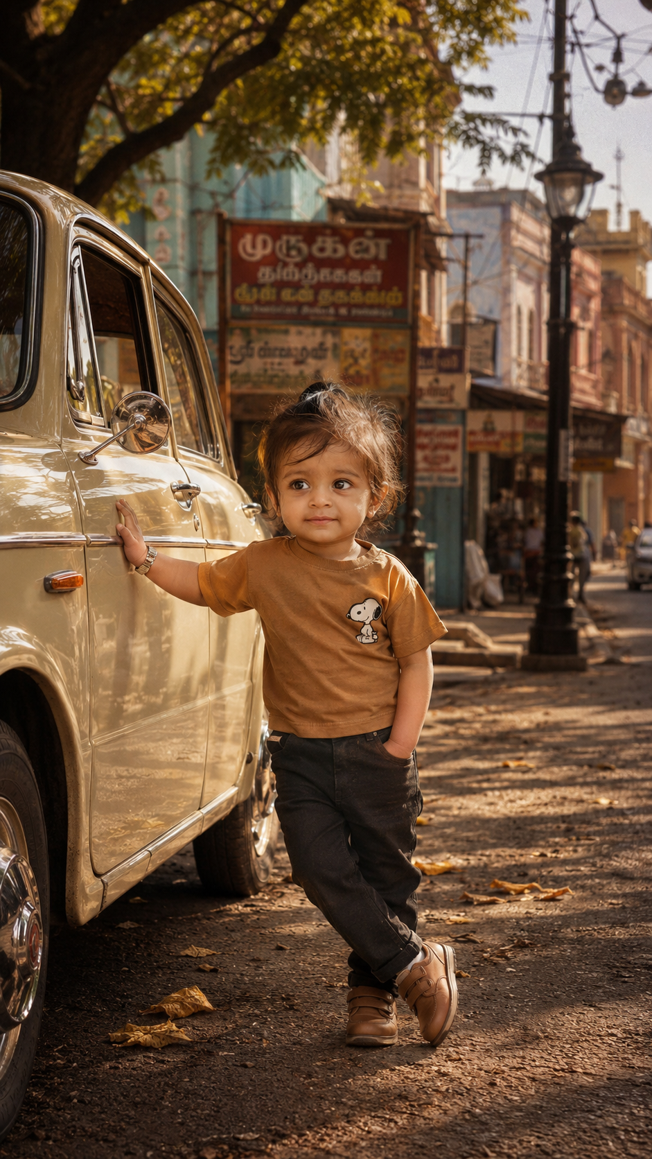 Child by vintage car in old street