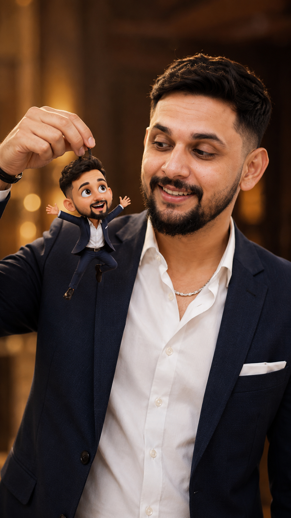 Man amused by miniature figurine trò chơi