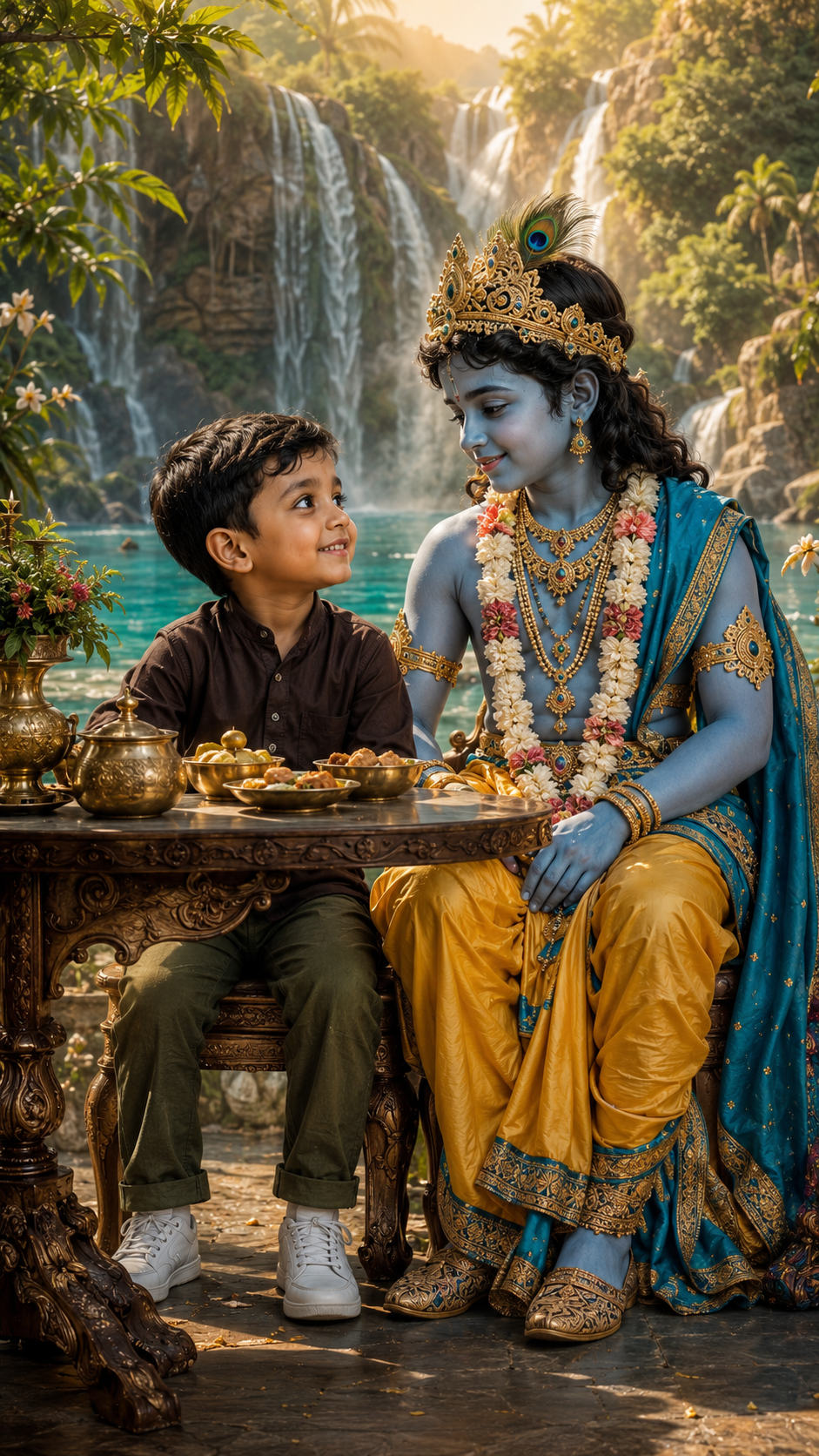 Krishna and Child by the Waterfalls