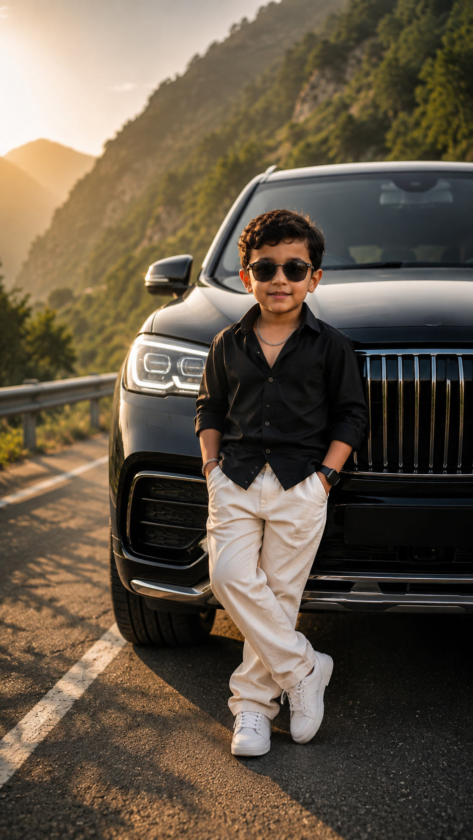 young Indian boy with curly black hair stands