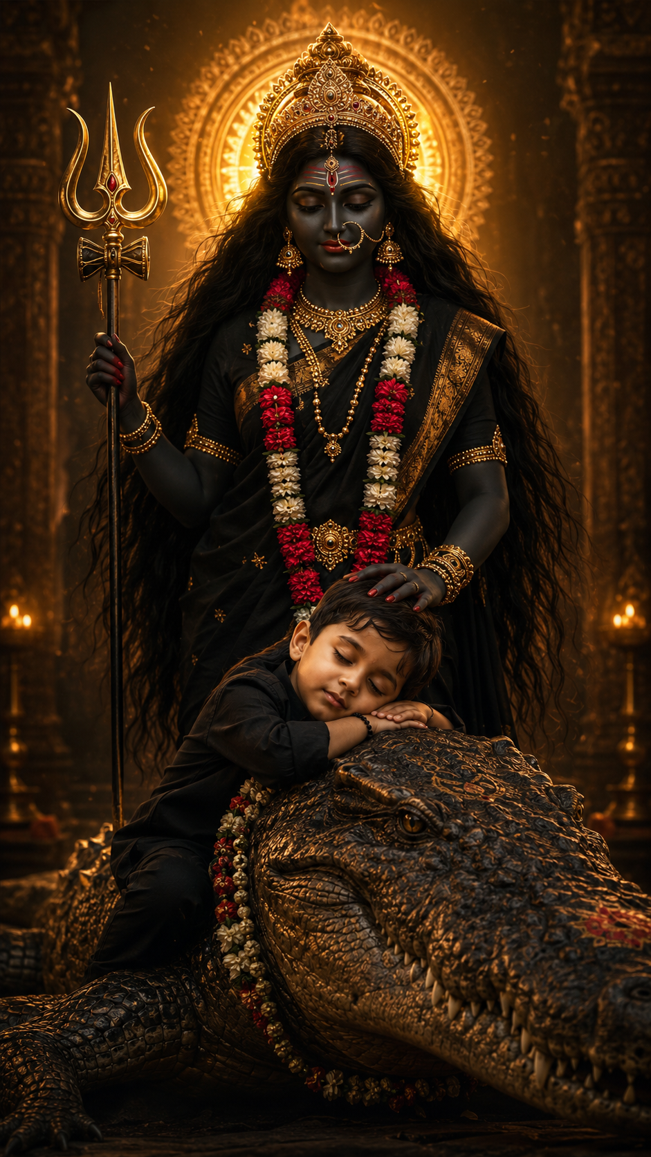 Guardian Mataji with child and crocodile Devotional