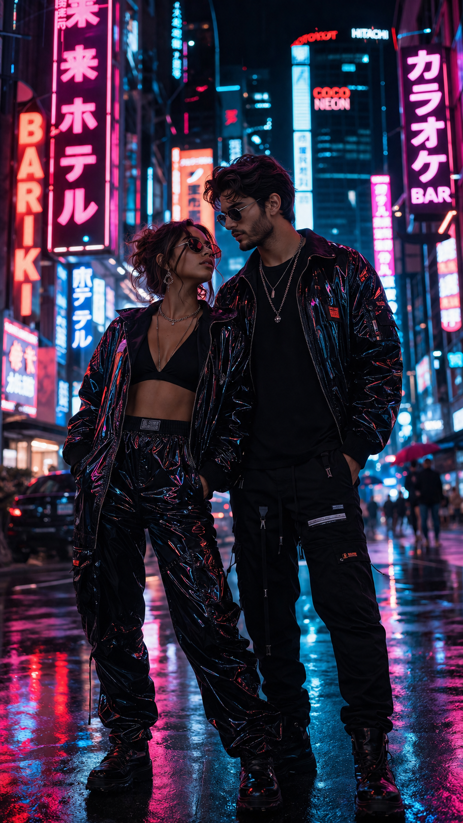 Neon-lit street fashion in cyberpunk city