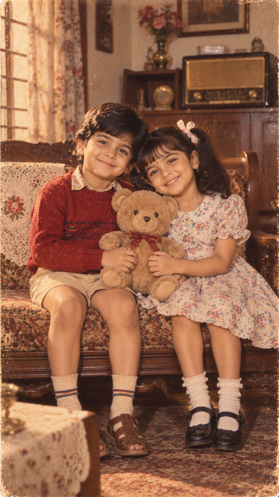 Nostalgic Children with Teddy Bear