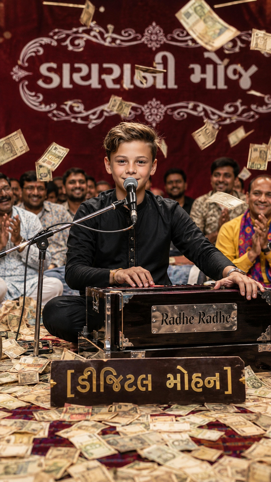 Gujarati musical celebration with flying notes