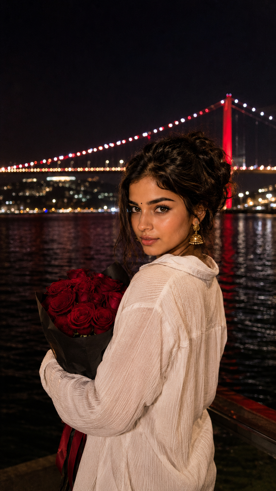 Romantic waterfront portrait at night