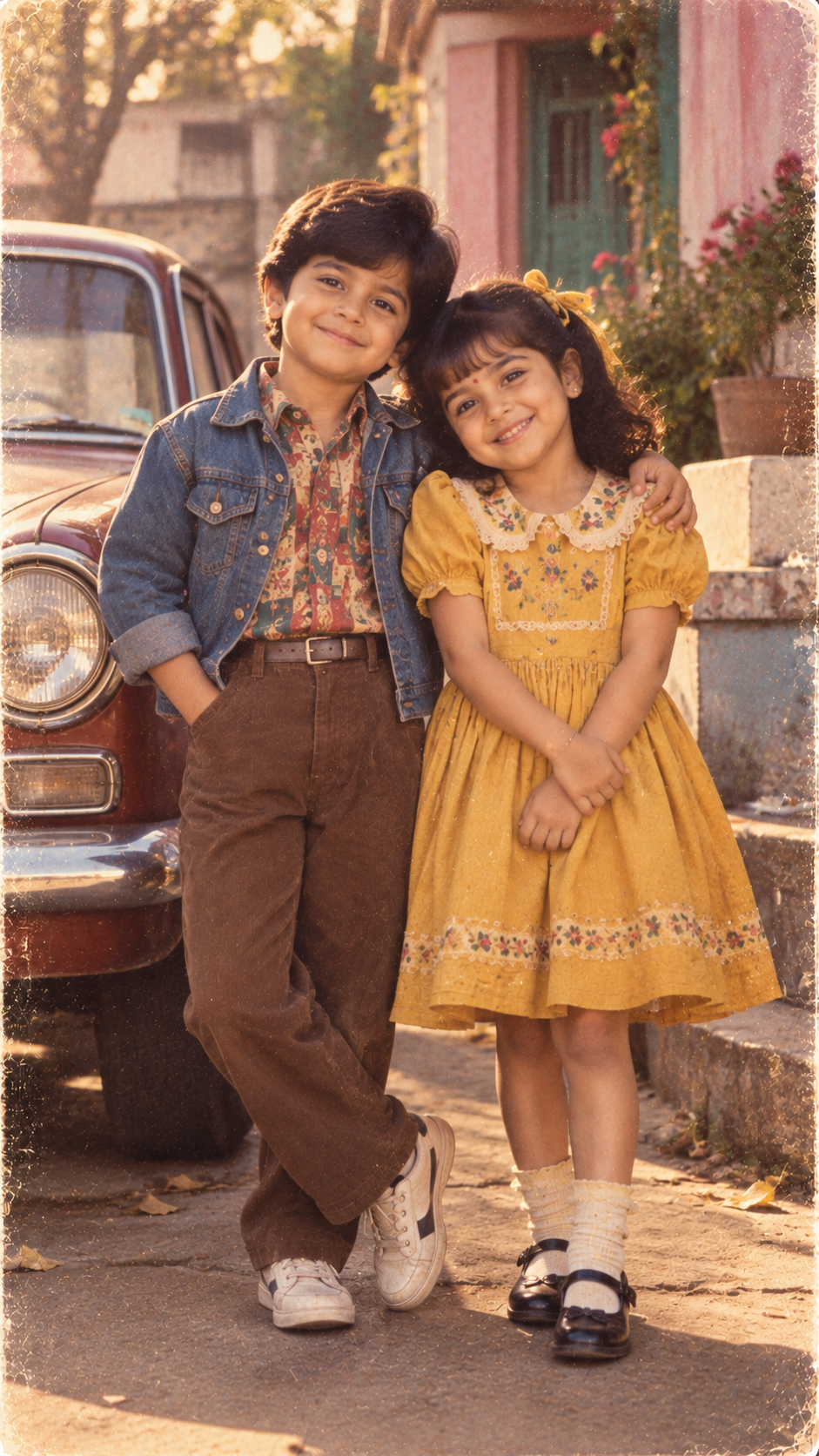Retro Siblings by the Vintage Car
