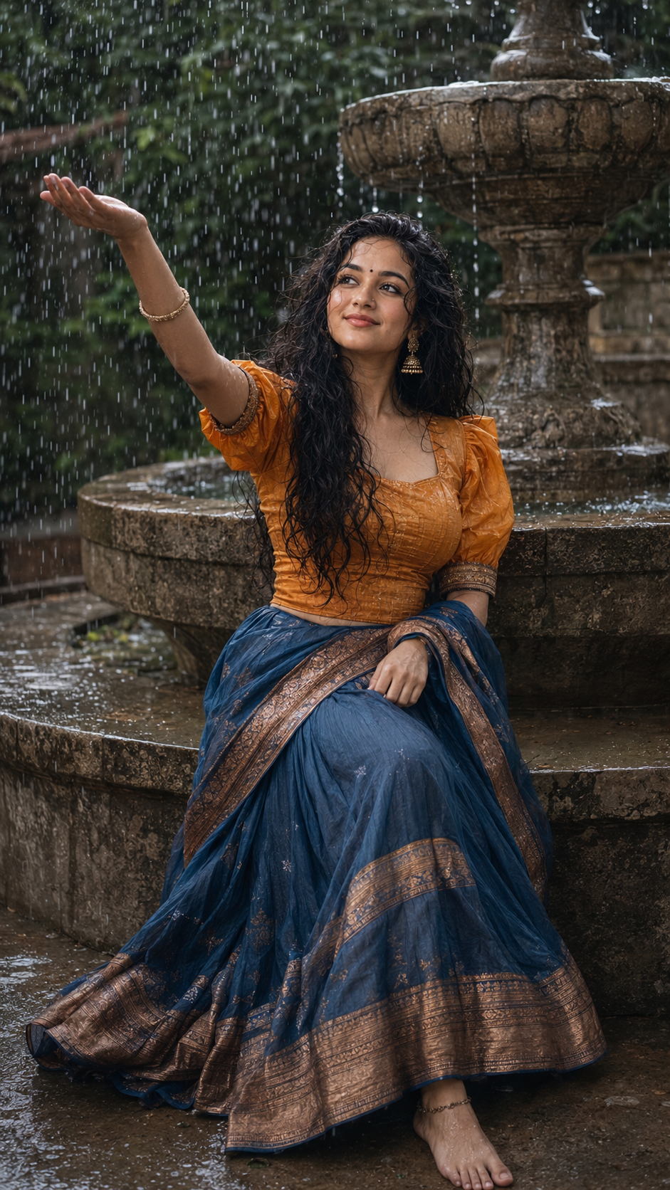 Rainy serenity in a traditional garden
