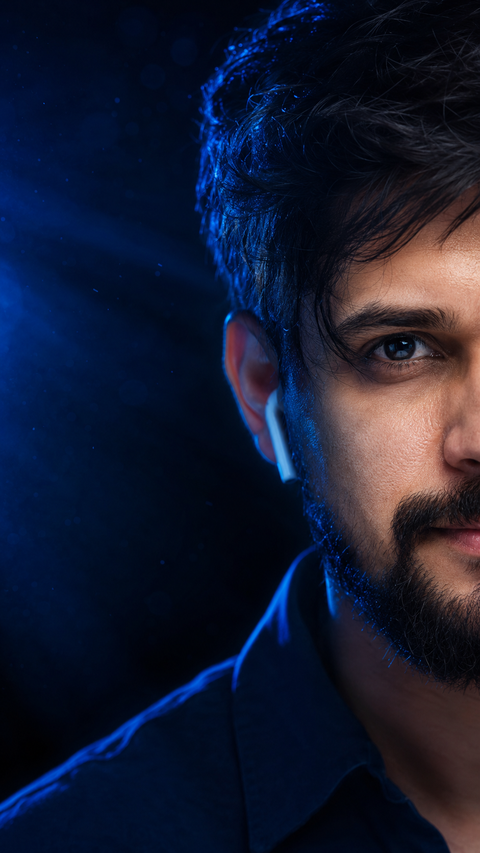 Dramatic close-up with blue highlights