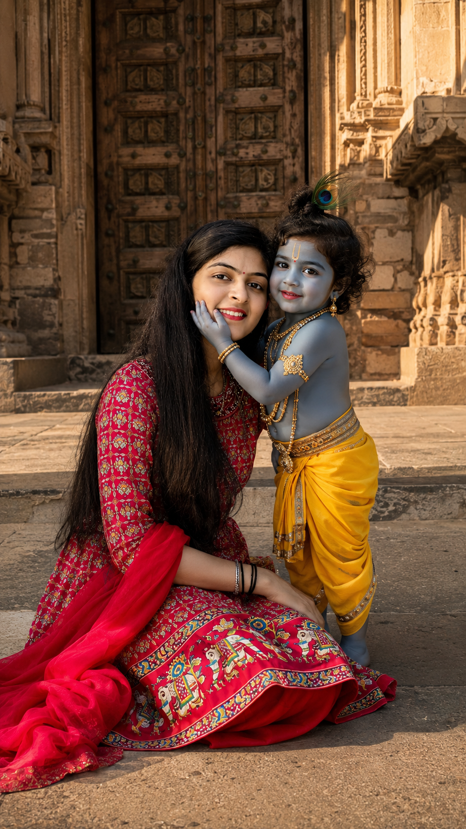 Warm embrace at temple entrance