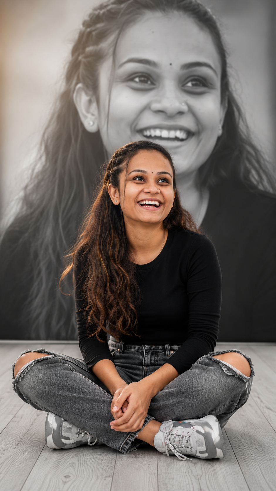 Joyful woman with monochrome backdrop