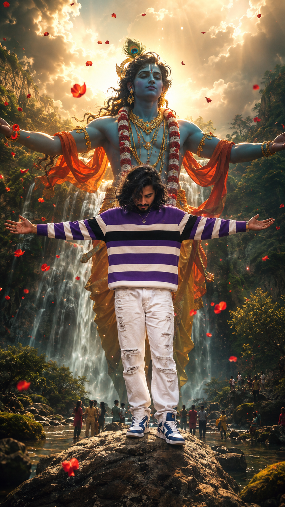 Divine Waterfall Embrace Krishna