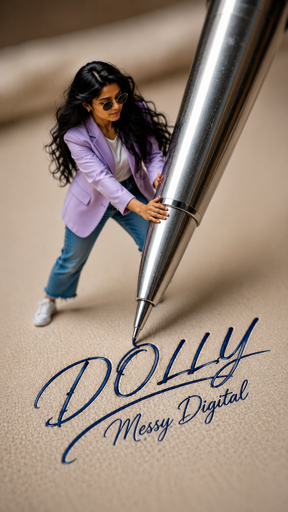 Small woman, big pen, bold calligraphy