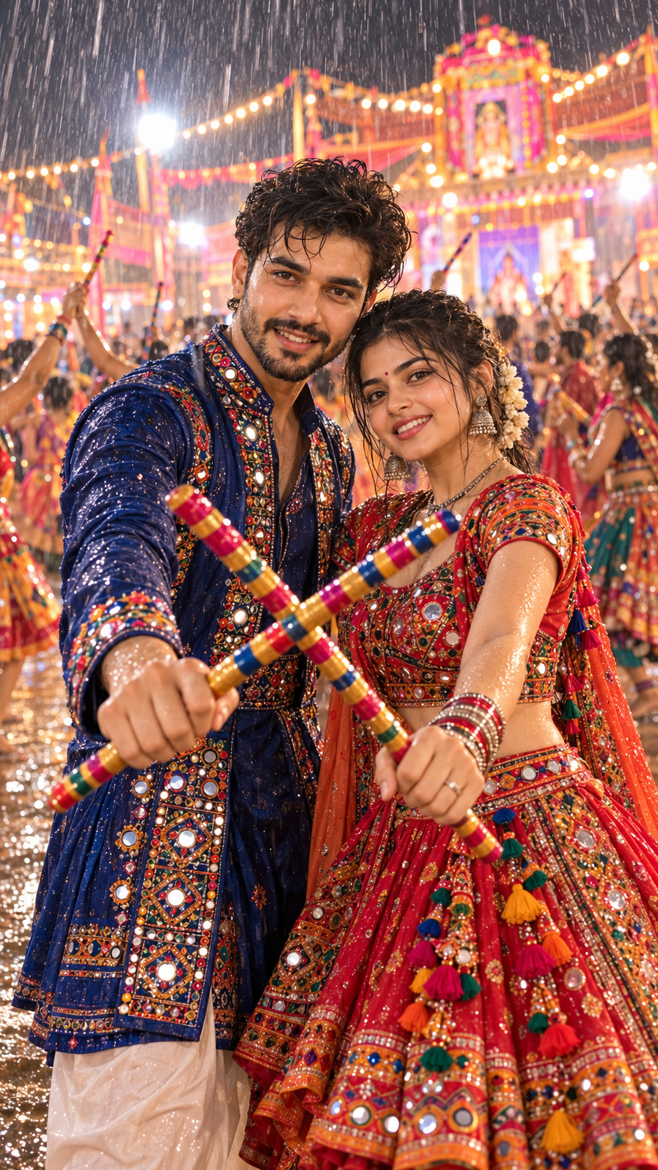 happy Indian couple playing Garba