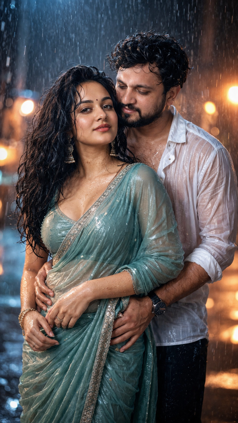 Romantic night embrace in the rain