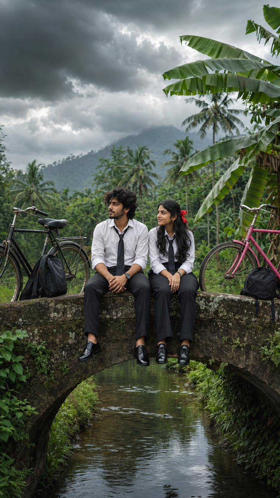Monsoon Bridge with Bicycles and Young Couple